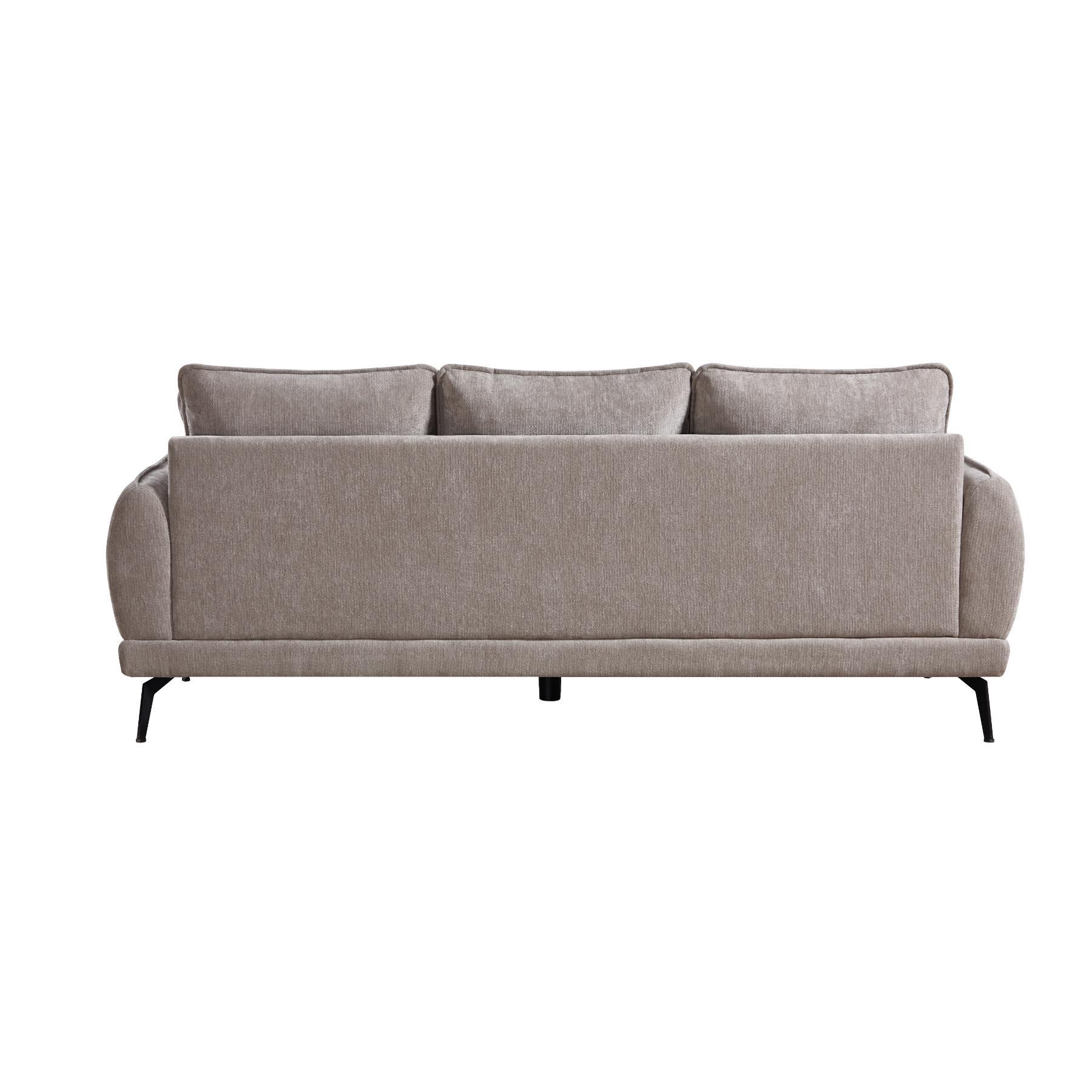 01-02-00671-9.jpg Warm taupe chenille 3 seater sofa with patterned ivory scatter cushions and black metal legs — view 3