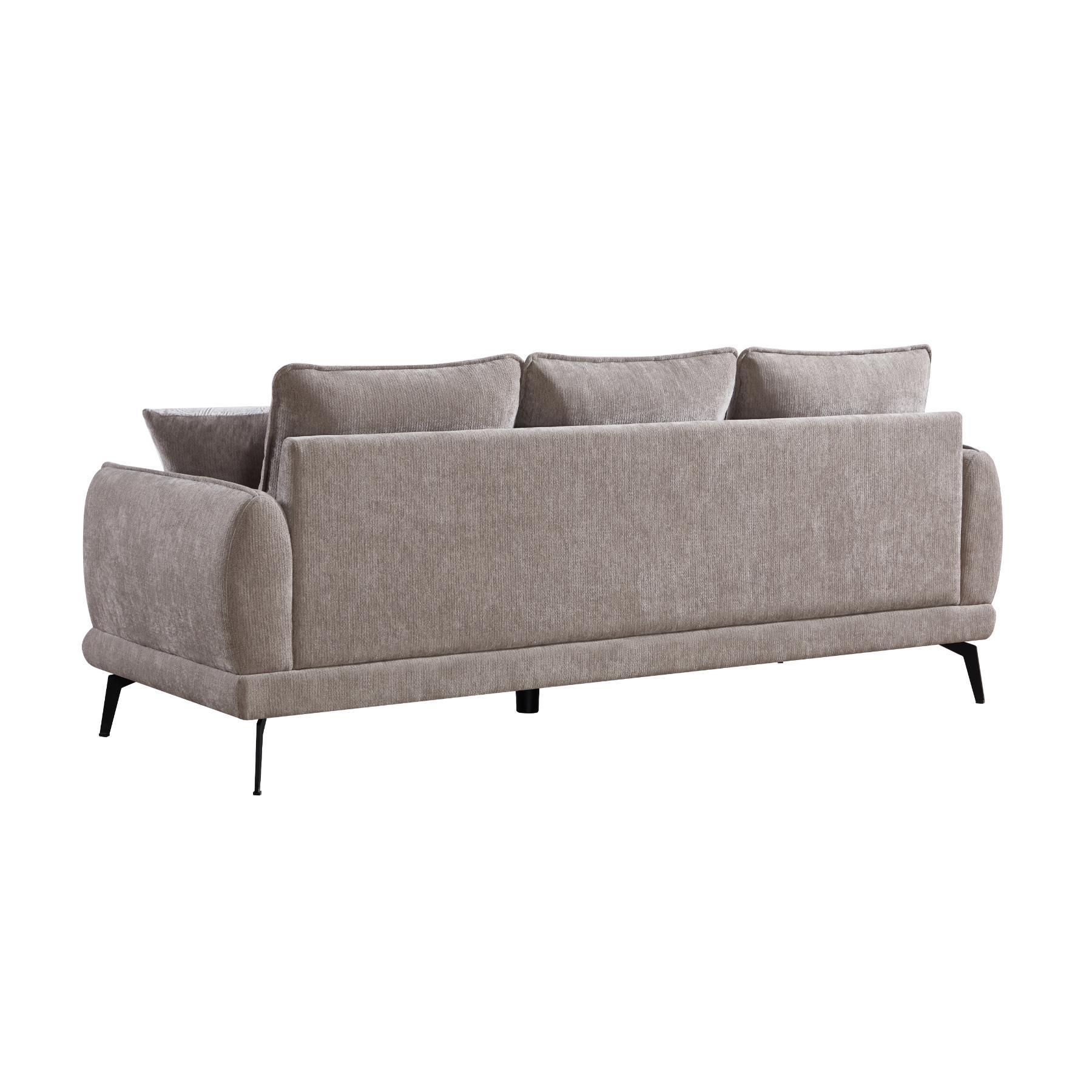 01-02-00671-11.jpg Warm taupe chenille 3 seater sofa with patterned ivory scatter cushions and black metal legs — view 4