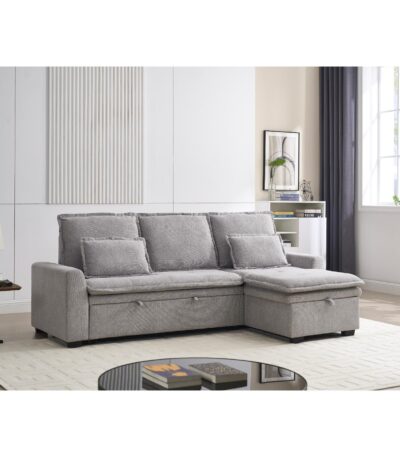 Warm Grey fabric corner sofa bed with storage chaise and channel-stitched seats