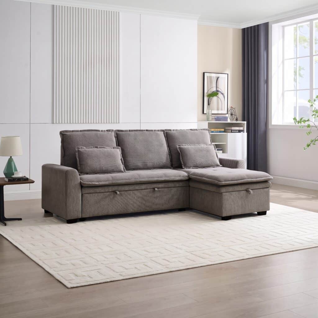 3 Seater Fabric Corner Sofa Set Bed with Storage - Warm Grey - Concealed Legs