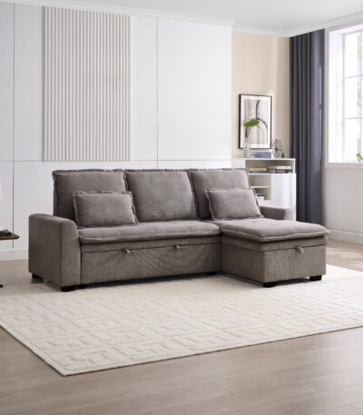 3 Seater Fabric Corner Sofa Set Bed with Storage - Warm Grey - Concealed Legs