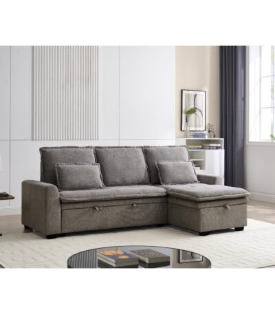 Warm grey fabric L-shape corner sofa bed with pull-out sleeper and storage