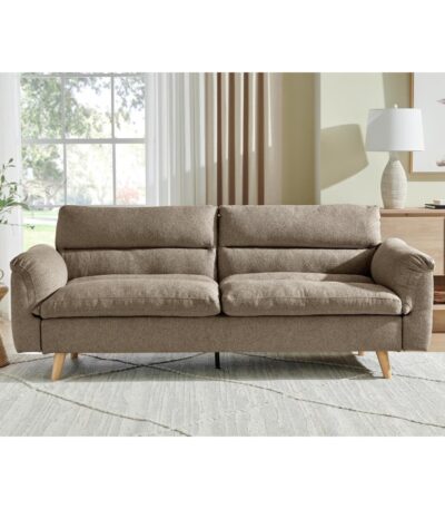 Warm taupe fabric three seater sofabed with rolled arms and tapered wood legs