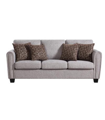 Warm grey 3 seater fabric sofa with rolled arms and brown patterned scatter cushions