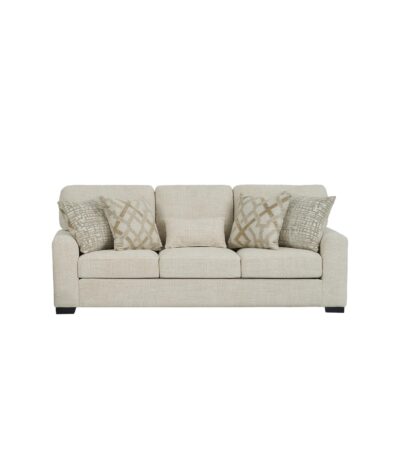 Warm oatmeal 3 seater fabric sofa with track arms and geometric scatter cushions