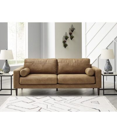 Caramel Brown faux-leather 3 seater sofa with bolster cushions and tapered wood legs