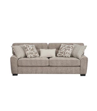Warm taupe woven fabric 3 seater sofa with patterned scatter cushions and track arms