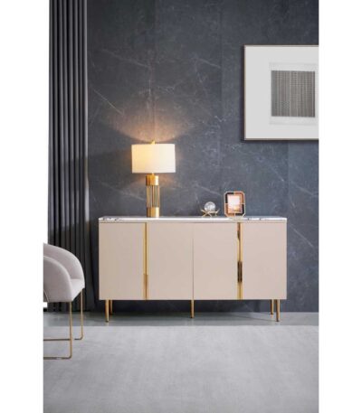 Warm Beige four-door sideboard with white marble-look top and champagne gold legs