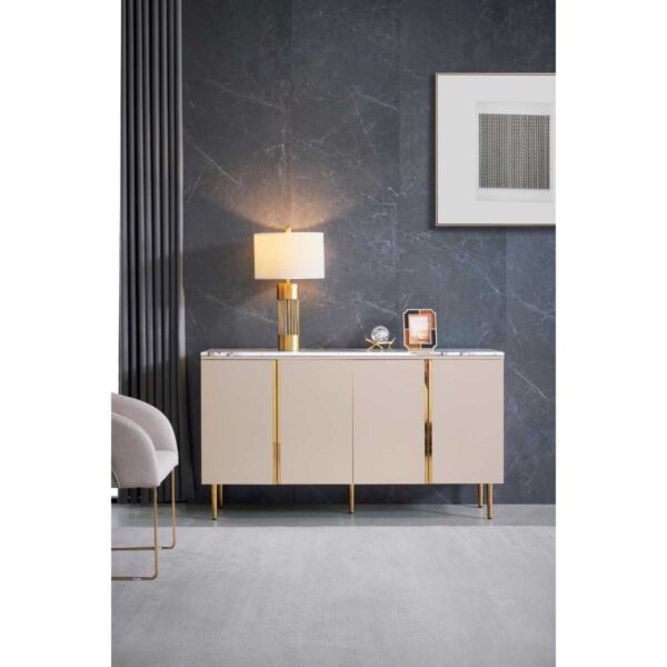 Warm Beige four-door sideboard with white marble-look top and champagne gold legs