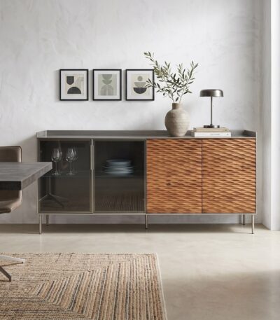 Walnut and iron grey sideboard with glass display doors and carved wood cabinet fronts