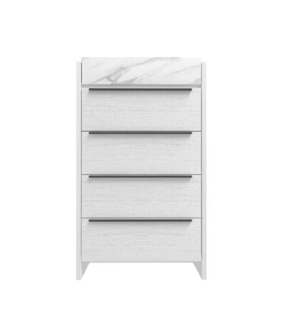 White wood-grain 4-drawer chest with marble-look top and matte black bar handles