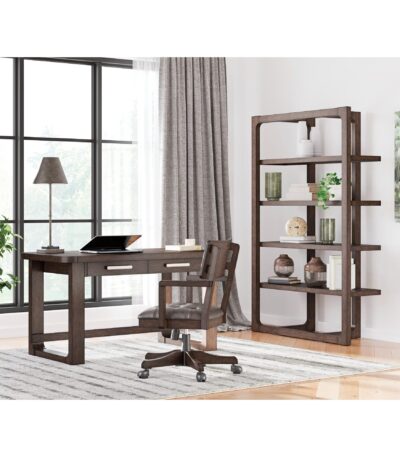 Dark Brown wood open bookshelf with four tiered shelves for home office storage