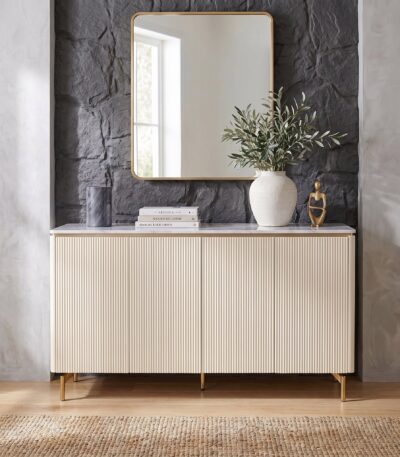 Creamy White fluted sideboard with marble-look top and gold metal legs