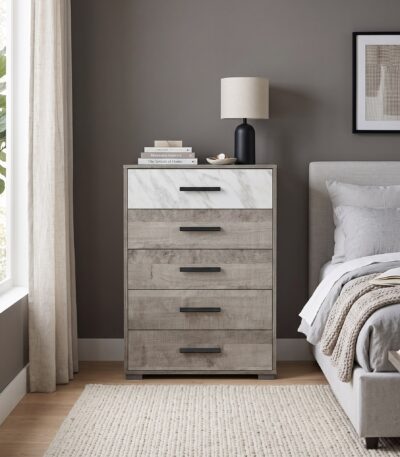 Grey Oak 5-drawer chest with Venato Marble-Look top drawer and black bar handles