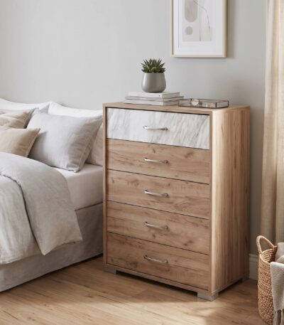 Grey Kraft Oak 5-drawer chest with Venato Marble-Look top panel and recessed handles