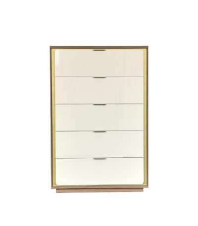 Ivory and walnut 5-drawer chest with brass trim and bar handles