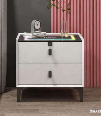 White smart nightstand with glass top wireless charging pad and two drawers