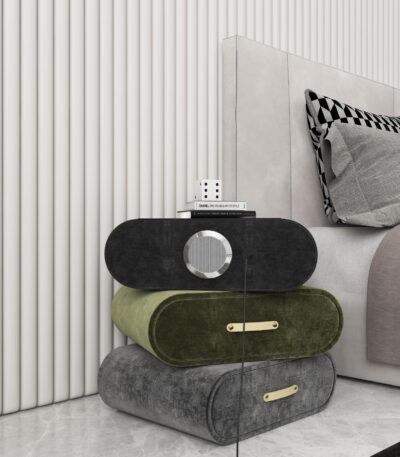 Multi-colour fabric nightstand with wireless charger, LED light and Bluetooth speaker