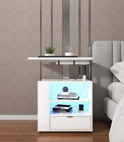 White functional nightstand with rotating top, LED-lit shelves and drawer