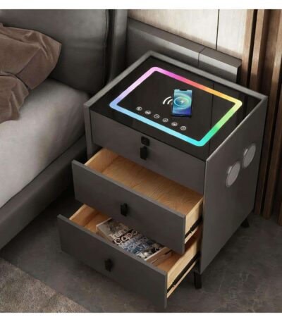 Grey lacquer functional nightstand with wireless charging top and Bluetooth speaker — view 2