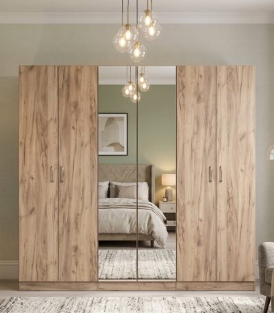 Grey Kraft Oak 6-door wardrobe with central mirrored panels and bar handles