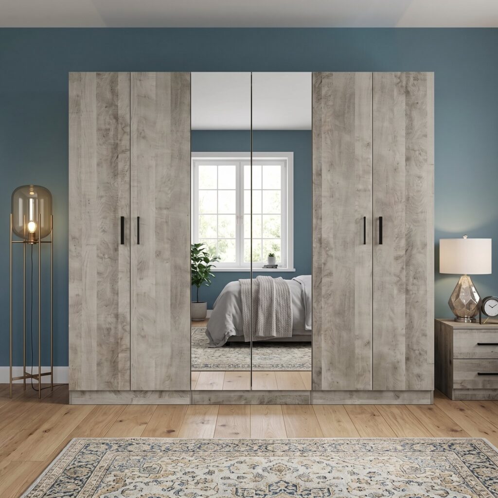 Grey Oak 6-door wardrobe with mirrored centre panels and black bar handles