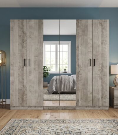 Grey Oak 6-door wardrobe with mirrored centre panels and black bar handles