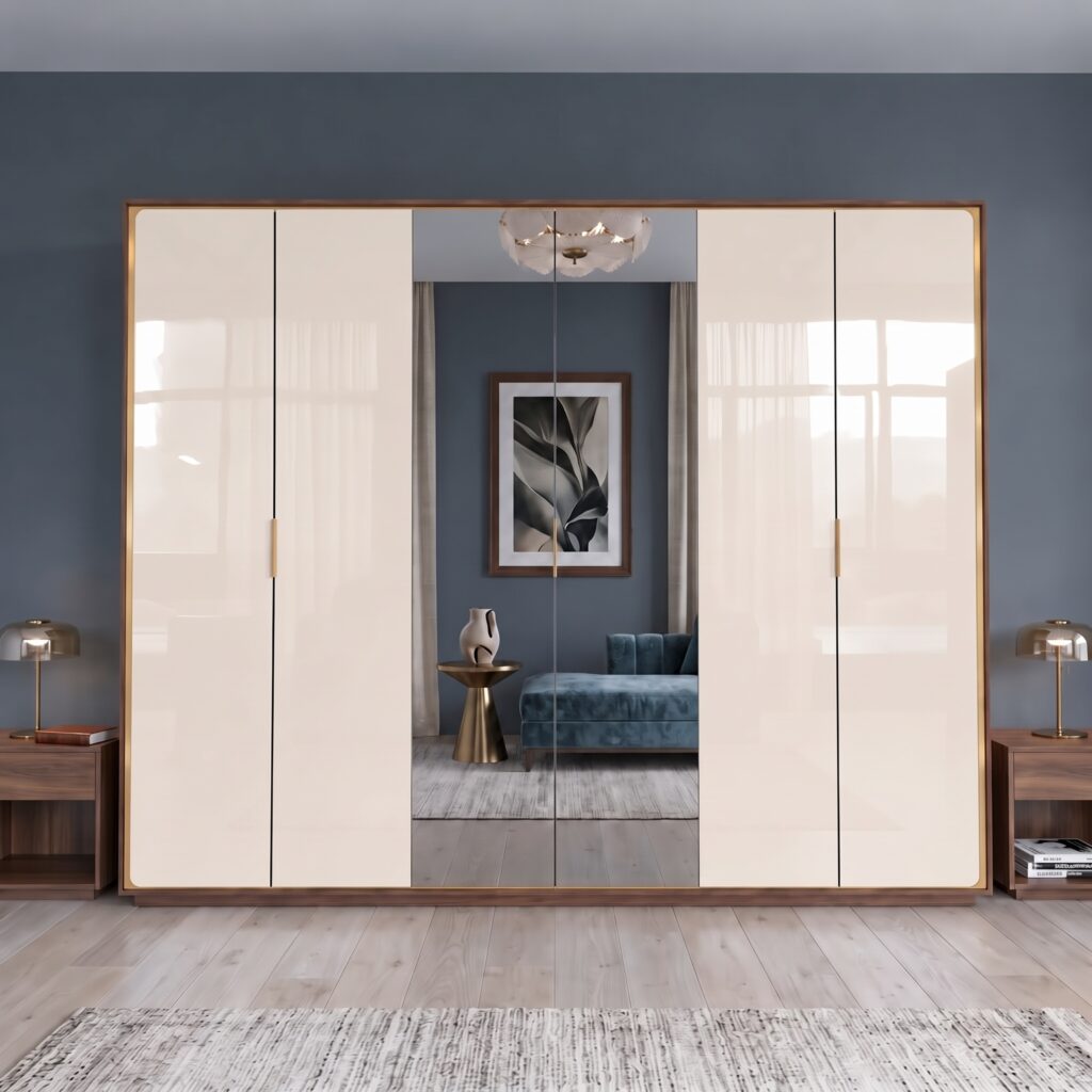 Ivory high-gloss 6-door wardrobe with central mirror and brass trim