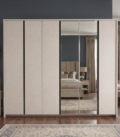 Warm grey 6-door wardrobe with two mirrored panels and woven melamine finish