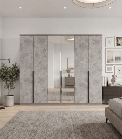 Six-door wardrobe in stone-look grey finish with mirrored centre panels and black bar handles