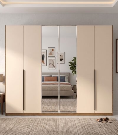 Warm sand 6-door wardrobe with mirrored panels and black bar handles