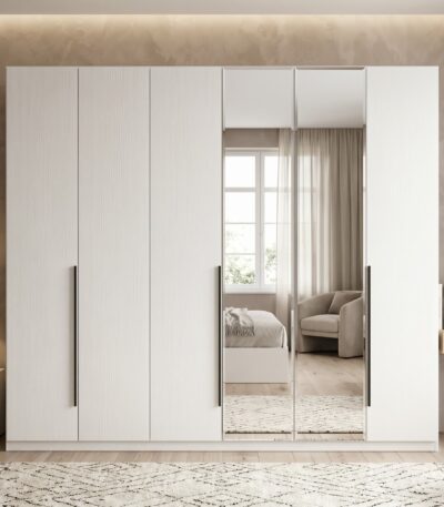 White 6-door wardrobe with mirrored center panels and matte black bar handles