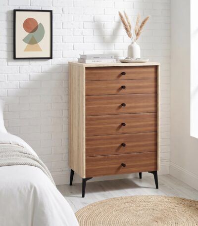 Six-drawer walnut wood-grain chest with stone-look sides and black tapered legs