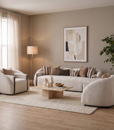 Warm ivory boucle 6 seater sofa set with rolled arms and matte black metal accents — full set
