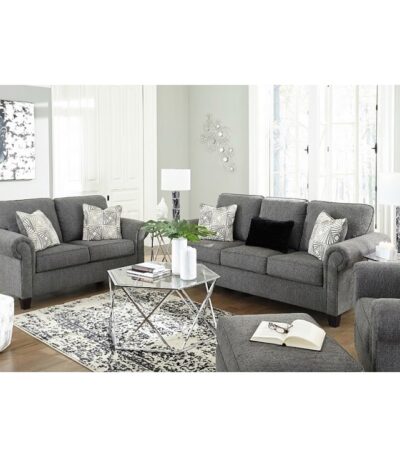 Charcoal grey chenille loveseat with rolled arms and patterned scatter cushions — view 2