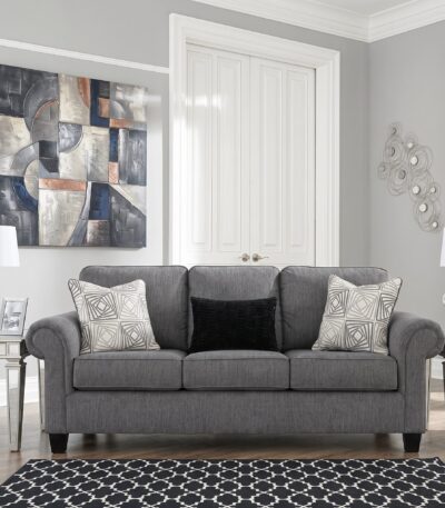 Charcoal grey chenille loveseat with rolled arms and patterned scatter cushions — view 3