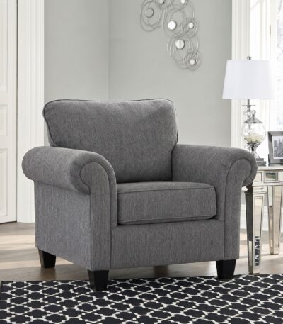 Charcoal grey chenille loveseat with rolled arms and patterned scatter cushions — view 5