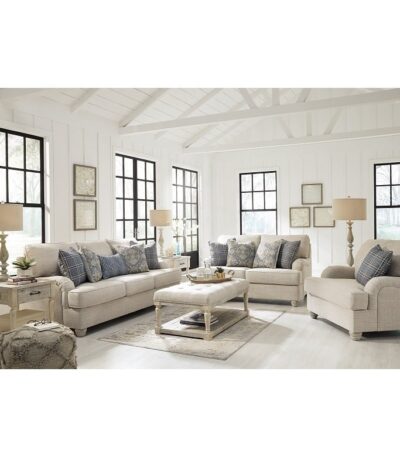Warm ivory 6 seater fabric sofa set with rolled arms and plaid scatter cushions