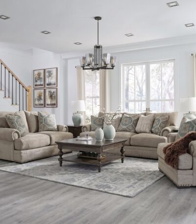 Warm taupe woven fabric 6 seater sofa set with rolled arms and nailhead trim — view 2