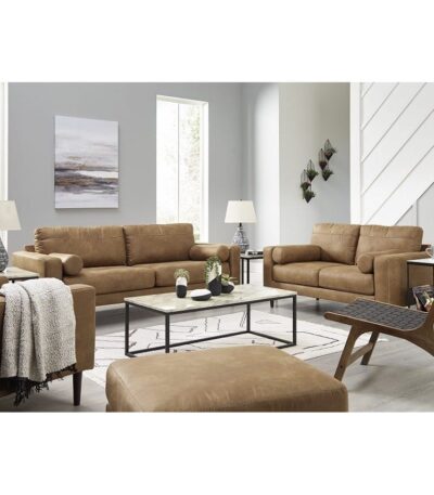 Caramel brown faux-leather 6 seater sofa set with track arms and bolster cushions