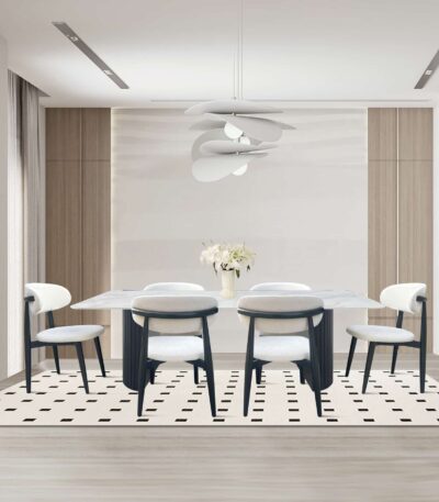 White marble-look rectangular dining table with black fluted pedestal base and six upholstered chairs