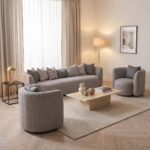 Warm grey woven fabric 6 seater sofa set with rolled arms and deep seat cushions — full set