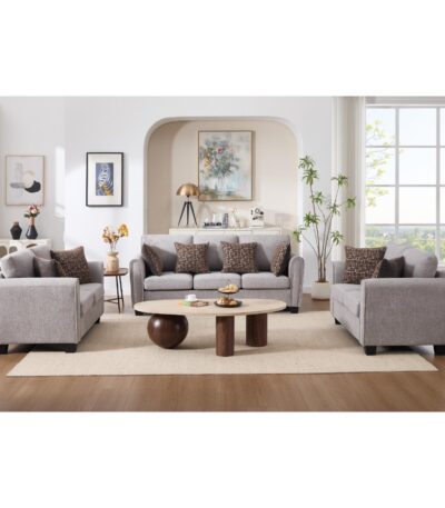 Warm grey 7 seater fabric sofa set with rolled arms and brown patterned scatter cushions