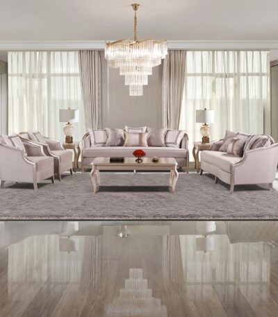 7 Seater Fabric Sofa Set with Table Set – Warm Grey & Silver