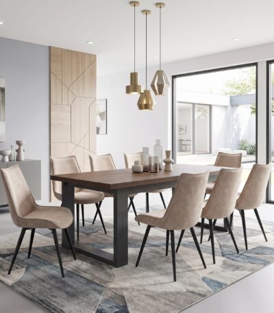 Walnut wood-grain rectangular dining table with matt grey block-leg base and upholstered dining chairs