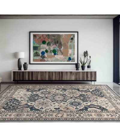 Charcoal and ivory medallion machine-woven rug with ornate bordered pattern — view 3