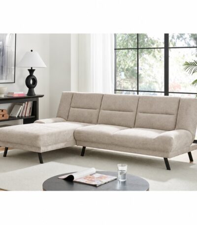 Warm beige fabric corner sofabed set with clickclack mechanism and metal legs