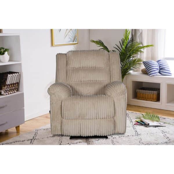 Caramel ribbed fabric manual recliner chair with padded arms and side lever