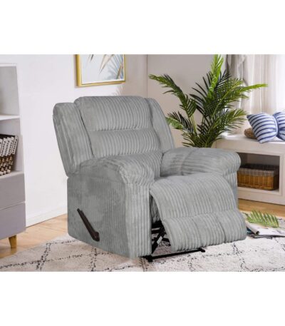 Light Grey corduroy-style fabric recliner chair with extended footrest and manual lever