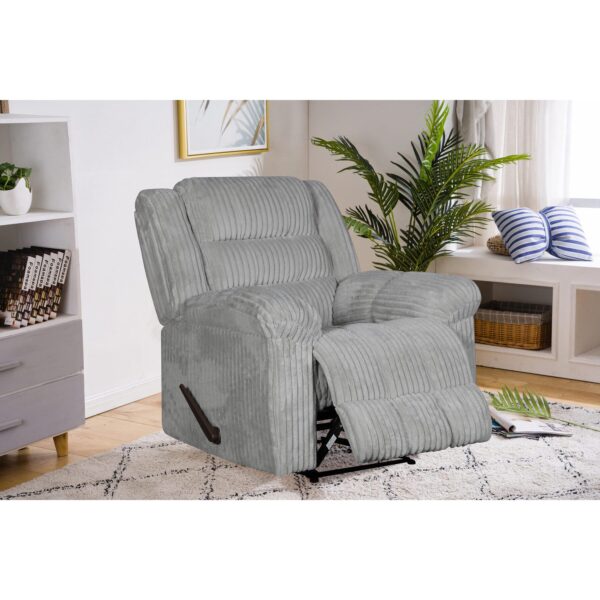 Light Grey corduroy-style fabric recliner chair with extended footrest and manual lever